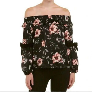 MISA Los Angeles Belva Blouse Off the Shoulder Black Velvet Bow Floral Satin